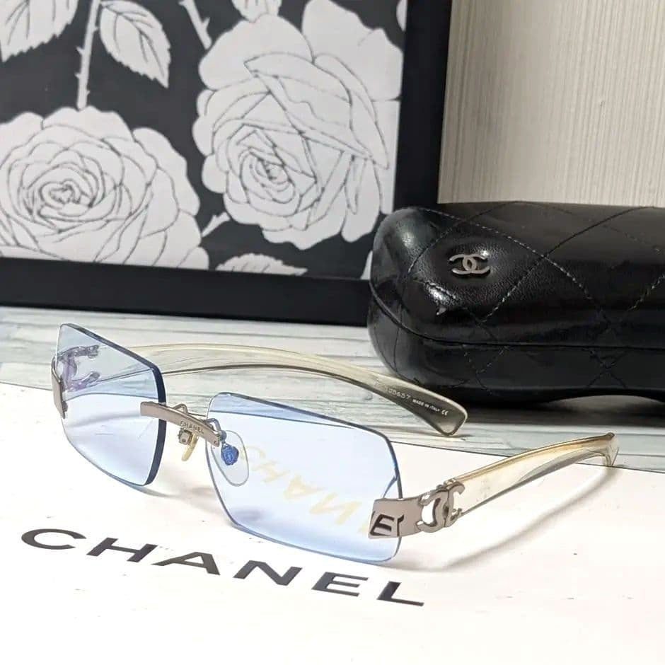 CHANEL Sunglasses Silver Square Rimless Frames Blue Gradient Lenses CC Logo