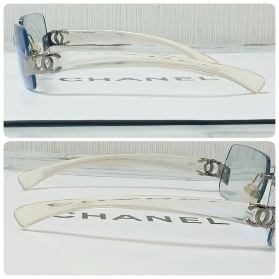 CHANEL Sunglasses Silver Square Rimless Frames Blue Gradient Lenses CC Logo