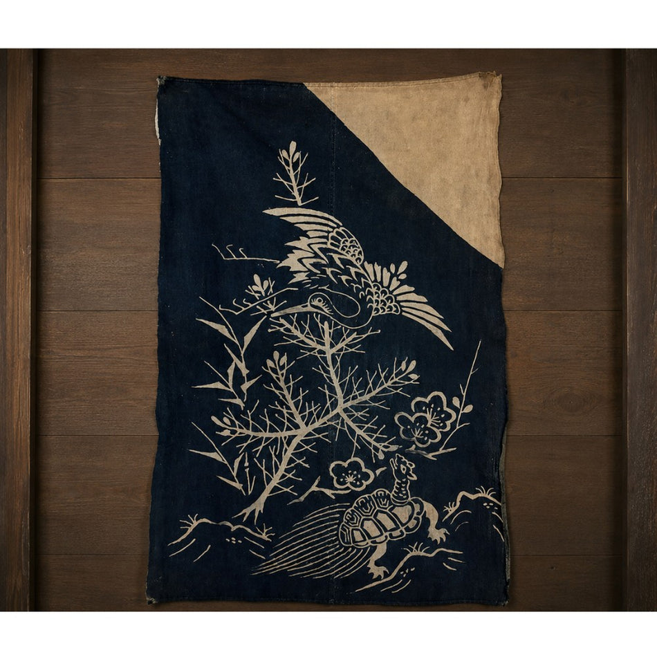 Antique Japanese Indigo Textile Crane Tortoise