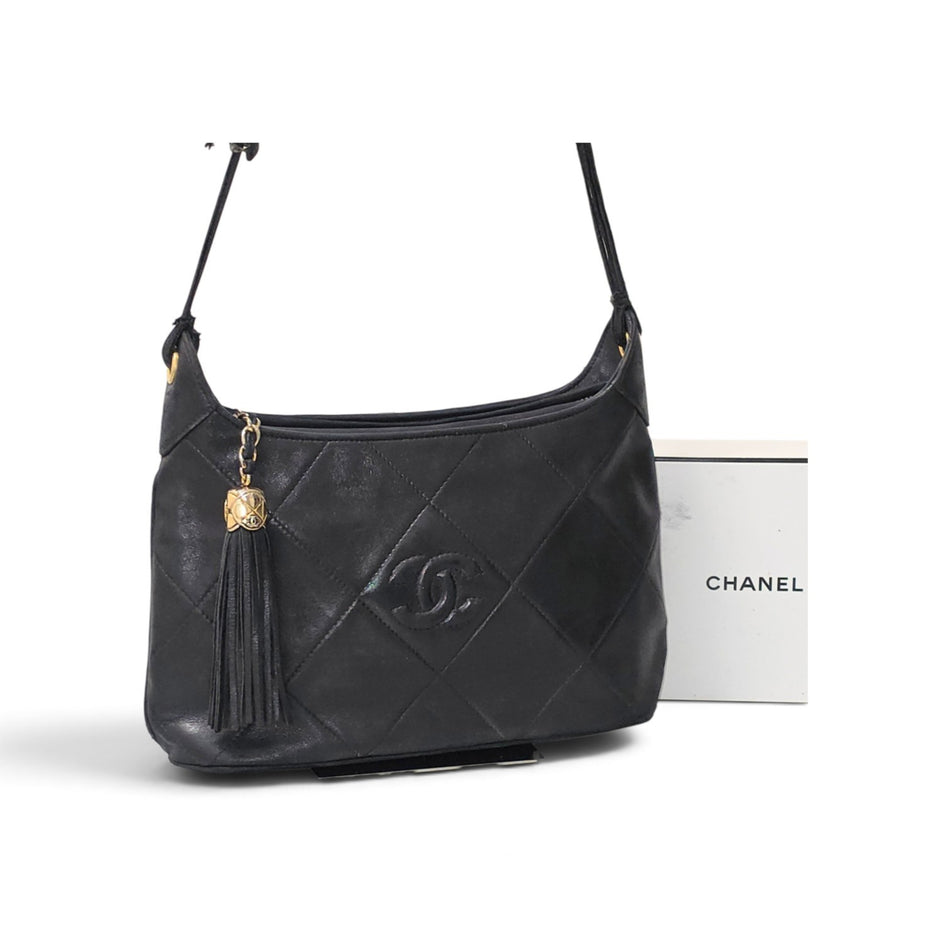 CHANEL Matelasse Quilted Black CC Mark Lambskin Fringe Shoulder Bag Handbag
