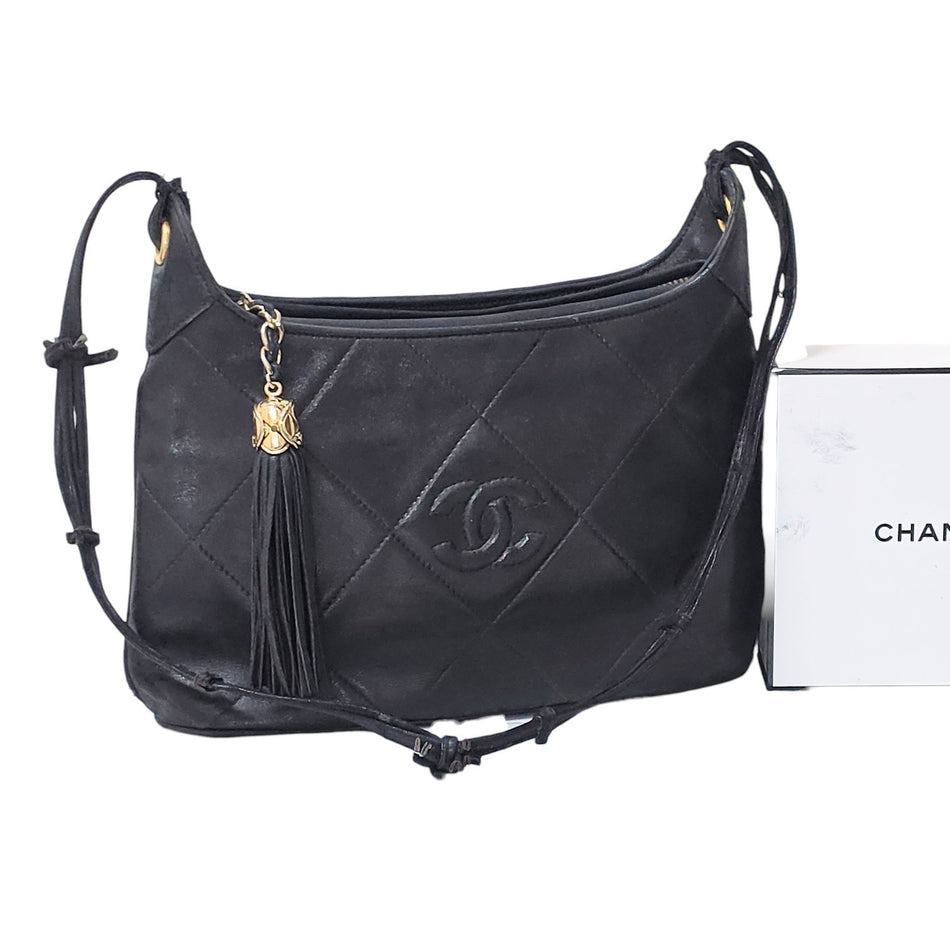 CHANEL Matelasse Quilted Black CC Mark Lambskin Fringe Shoulder Bag Handbag