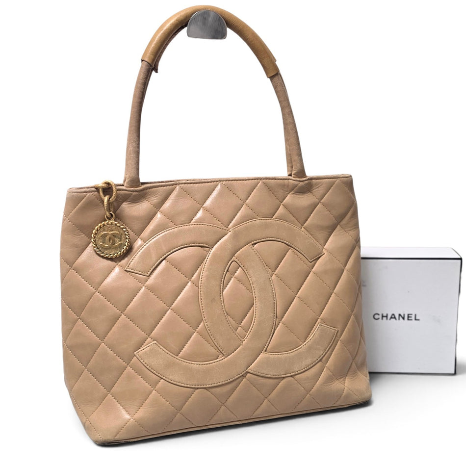 CHANEL Reissue Tote Bag Matelassé Quilted Lambskin CC Logo Medallion Beige