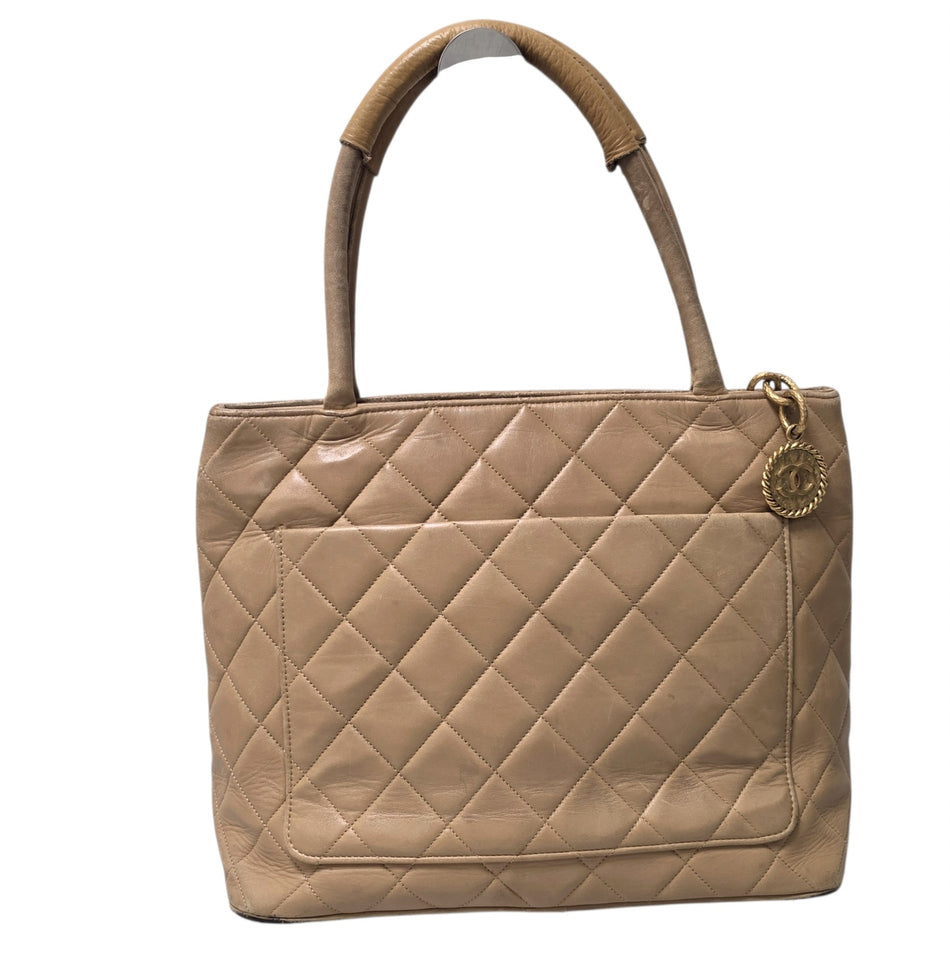 CHANEL Reissue Tote Bag Matelassé Quilted Lambskin CC Logo Medallion Beige