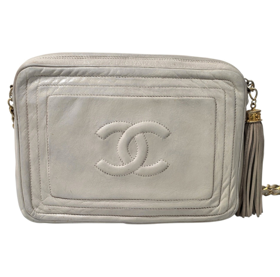 CHANEL Coco Mark Fringe Chain ShoulderBag Beige Lambskin with Gold-Tone Hardware