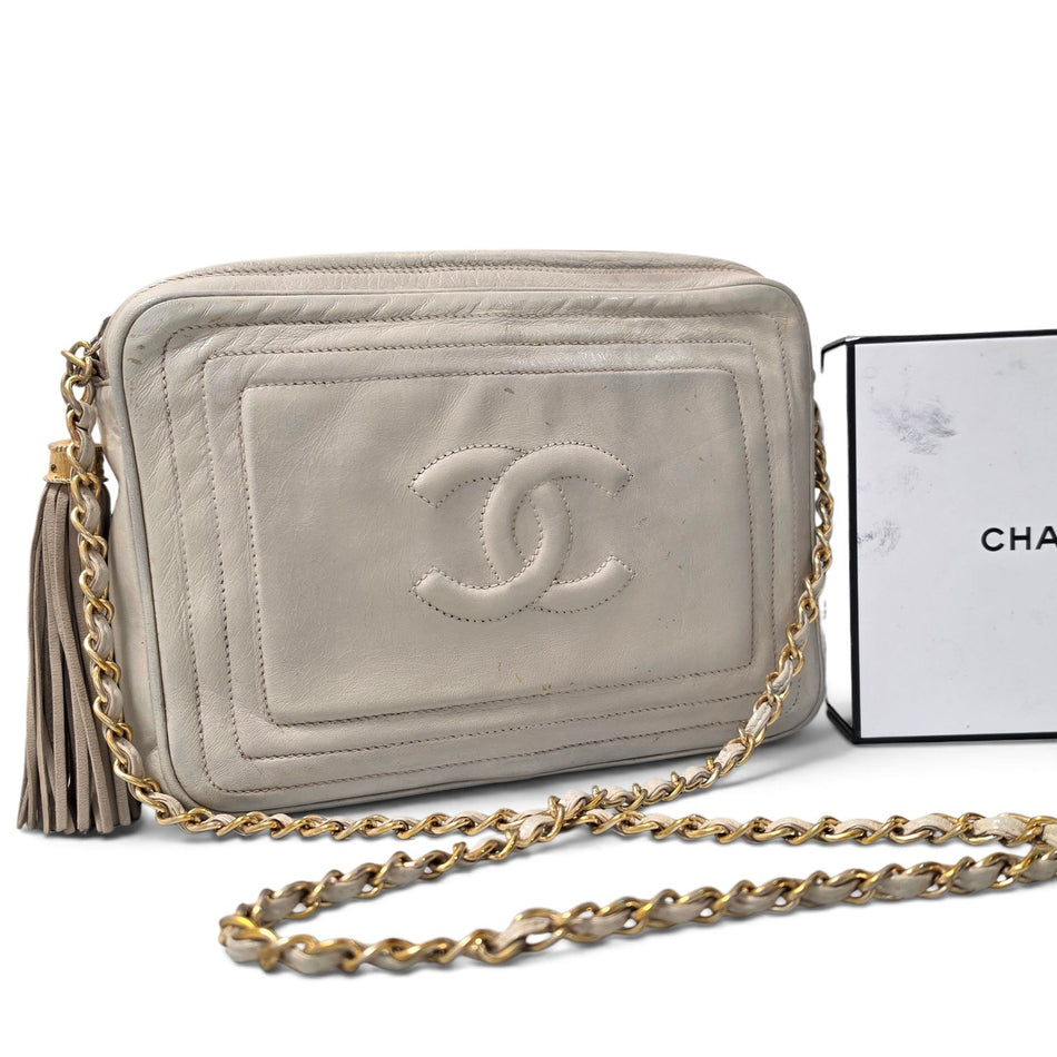 CHANEL Coco Mark Fringe Chain ShoulderBag Beige Lambskin with Gold-Tone Hardware