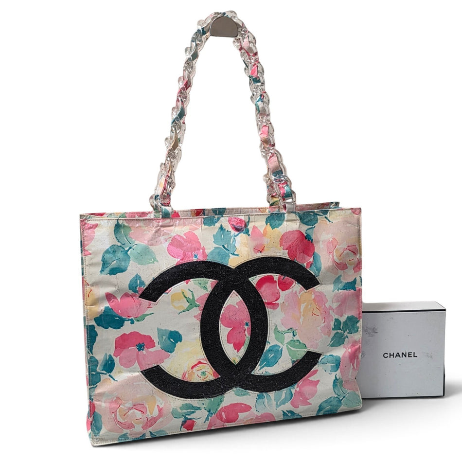 CHANEL Floral Motif Coco Mark PinkTote Bag Chain Shoulder Bag