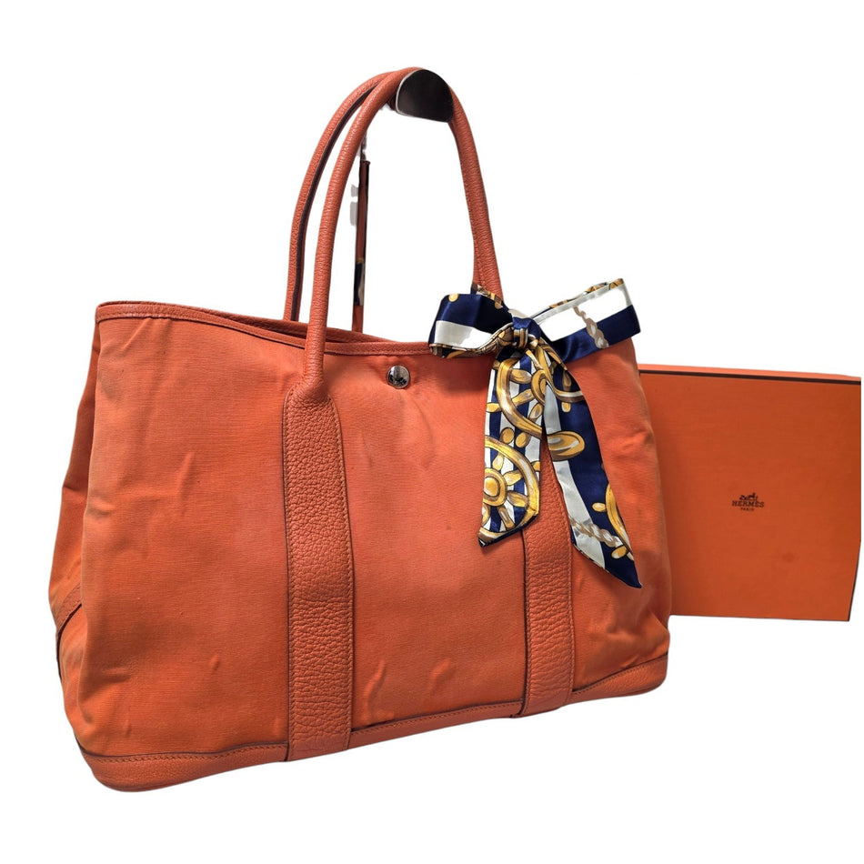HERMES Garden Party TPM Tote Bag Handbag Orange Toile H Canvas Stamp P