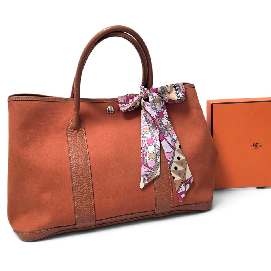 HERMES Garden Party PM Tote Bag Hand Bag Toile H Orange