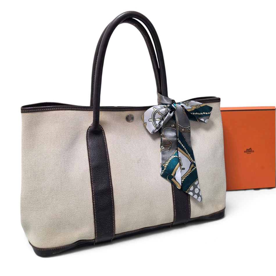 Hermes Garden Party PM Handbag Tote Bag Brown Beige PVC Stamp J