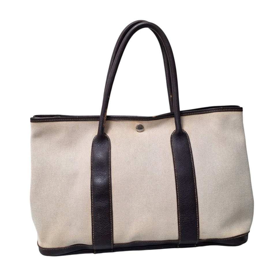 Hermes Garden Party PM Handbag Tote Bag Brown Beige PVC Stamp J
