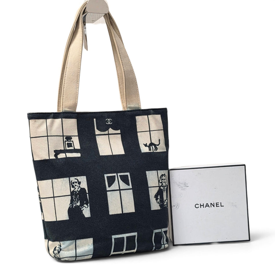 CHANEL Windows Line Tote Bag Handbag Canvas Black & White Authenticated