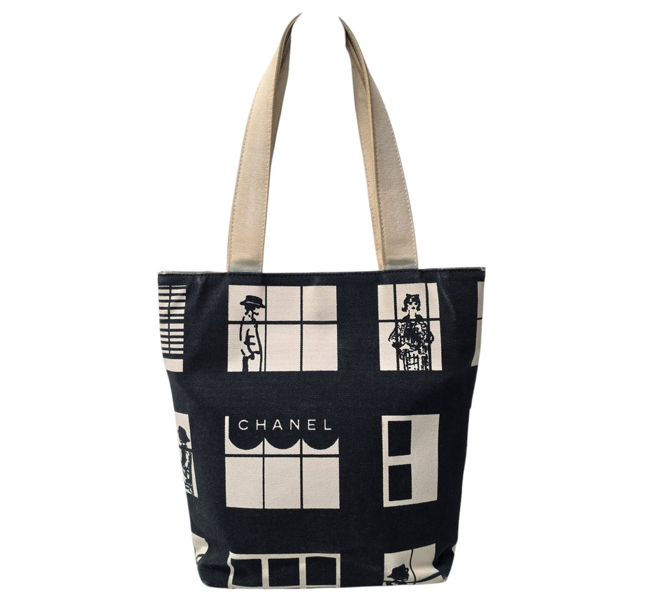 CHANEL Windows Line Tote Bag Handbag Canvas Black & White Authenticated