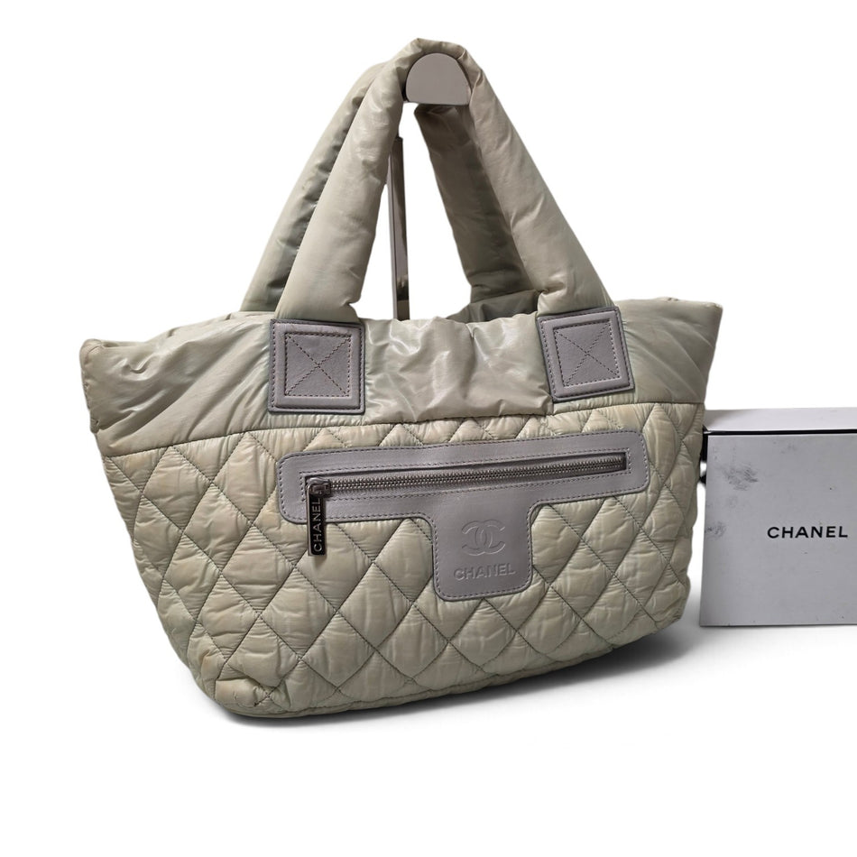 CHANEL Coco Cocoon Tote Bag Handbag Nylon Ivory/White Coco Mark Authenticated