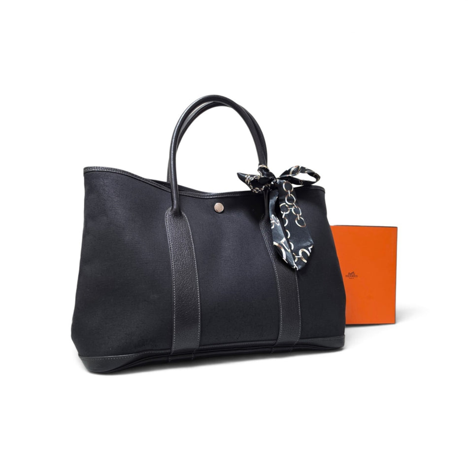 Hermes Garden PartyPM Handbag Tote Bag Toile H Canvas Black StampI