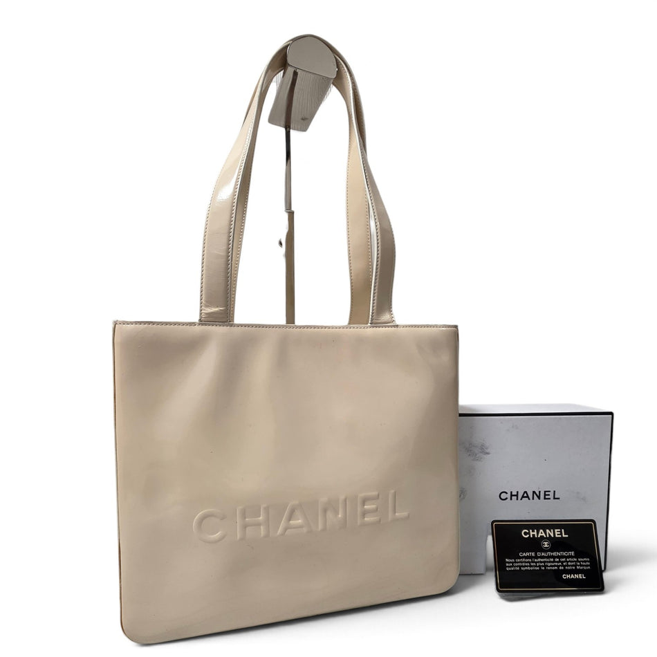 CHANEL Logo Tote Bag Patent Leather Enamel Beige Ivory CC Mark Authenticated