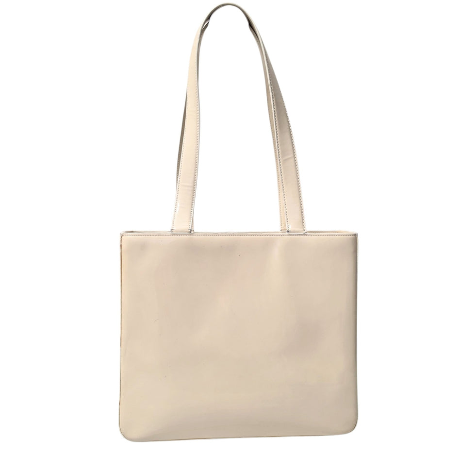 CHANEL Logo Tote Bag Patent Leather Enamel Beige Ivory CC Mark Authenticated