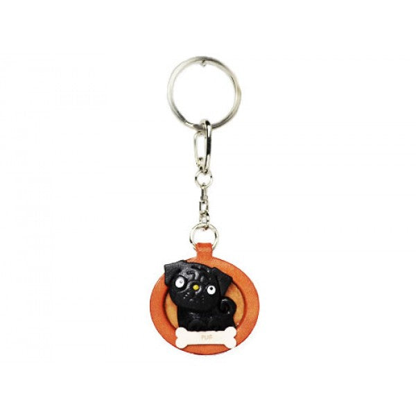 Pug Black Leather Dog plate Keychain