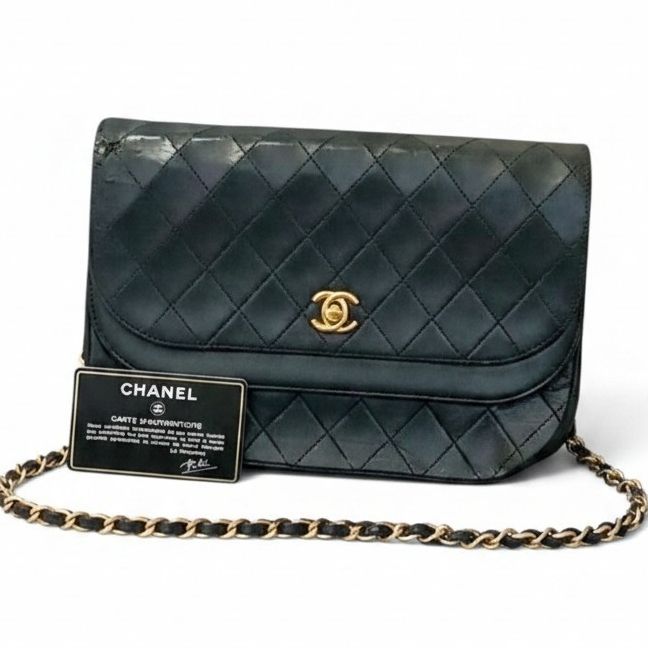 CHANEL Quilted Chain Shoulder Bag Lambskin Black Double Flap