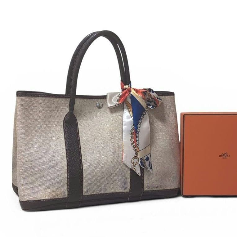 HERMÈS Garden Party PM Tote Bag – Brown/Beige, PVC & Leather Stamp F