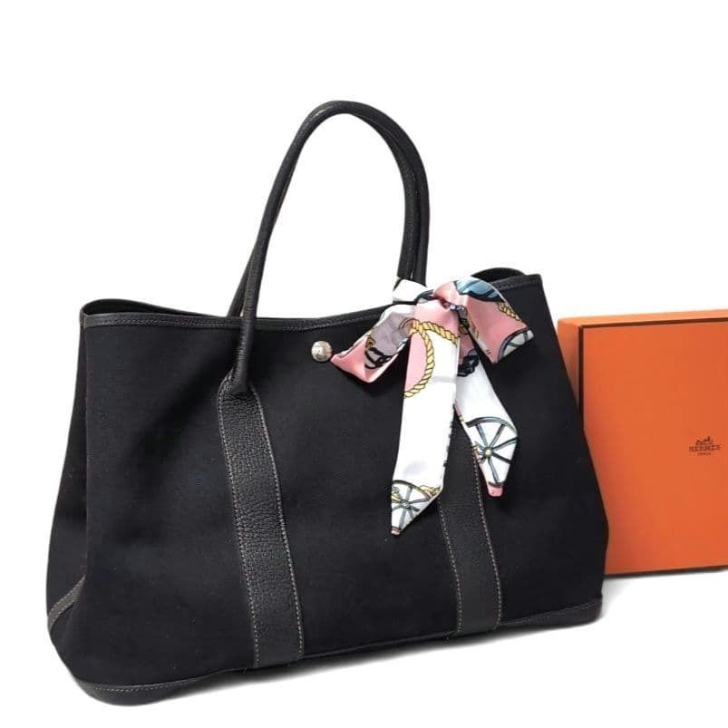 HERMES Garden Party PM Handbag/Tote Bag Toile H Black (Stamp C)
