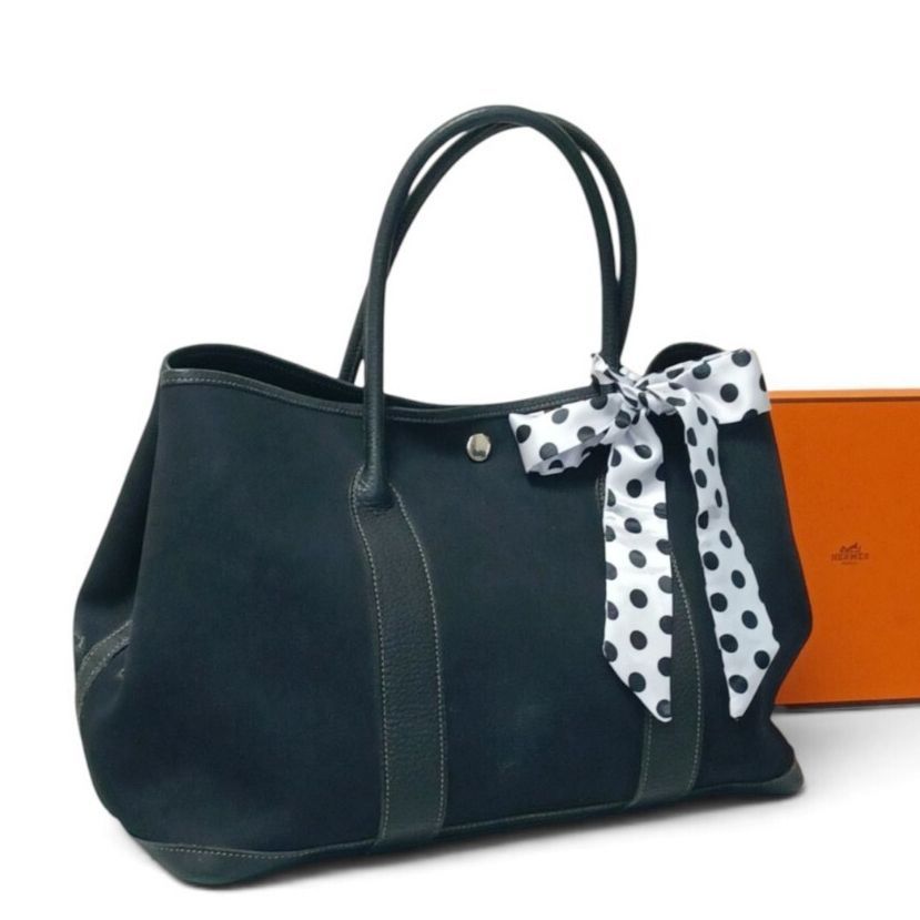 HERMES Garden Party PM Handbag/Tote Bag, Toile H Canvas, Black, Stamp □M