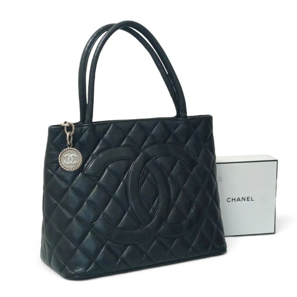 CHANEL Quilted Reissue Tote Bag Caviar Skin, CC Logo, Medallion Black