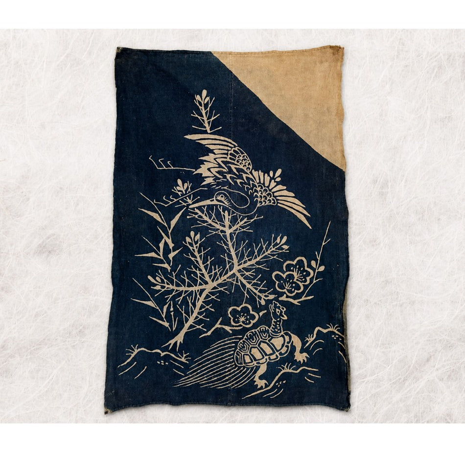 Antique Japanese Indigo Textile Crane Tortoise