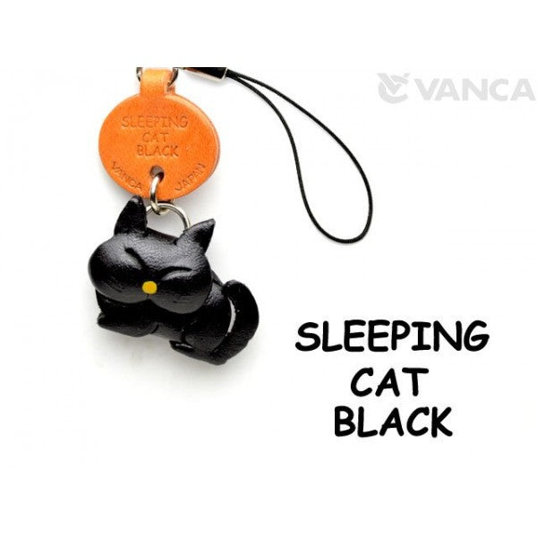 Black Sleeping Japanese Leather Cellularphone Charm Cat