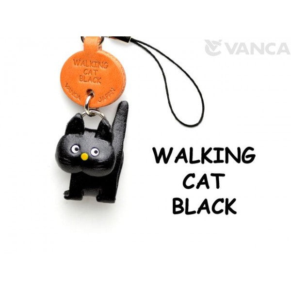 Black Walking Japanese Leather Cellularphone Charm Cat