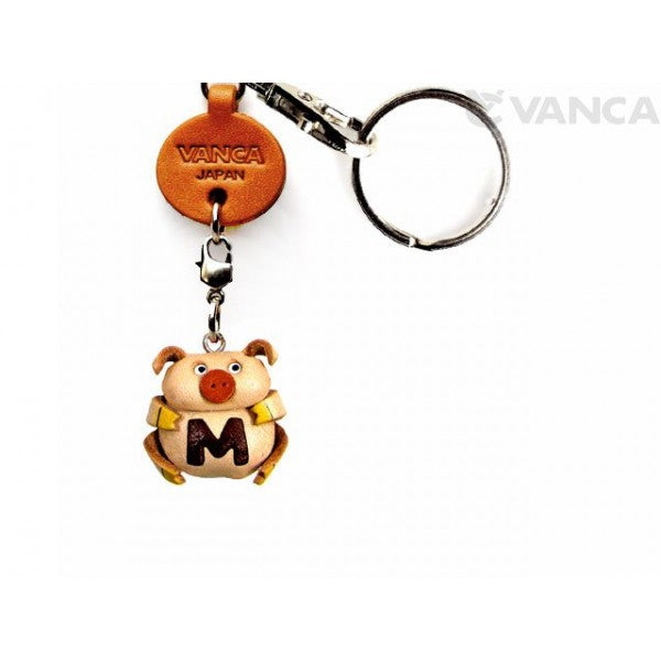 Initial Pig M Leather Animal Keychain