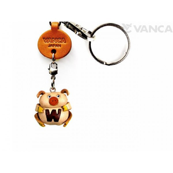 Initial Pig W Leather Animal Keychain