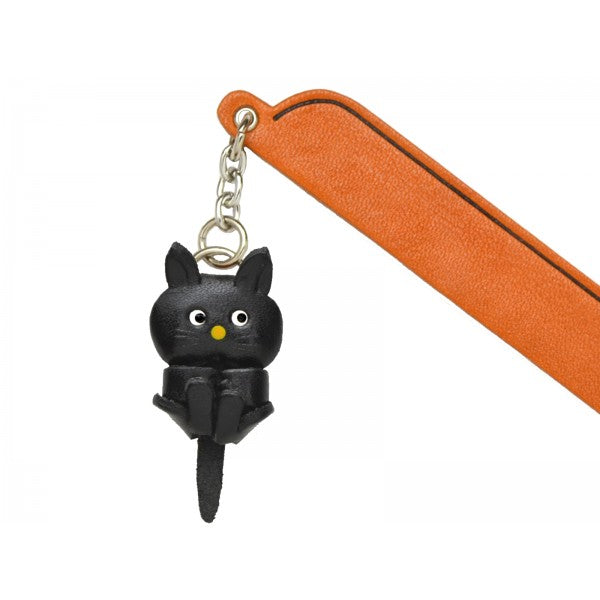 Playing Cat Black Leather Charm Bookmarker