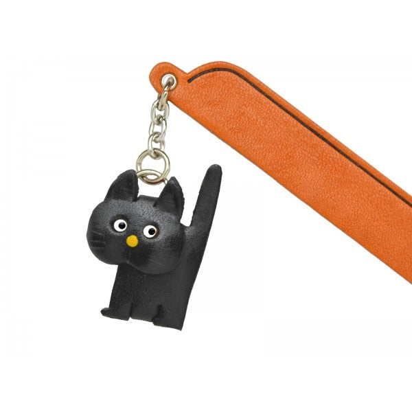Walking Cat Black Leather Charm Bookmarker