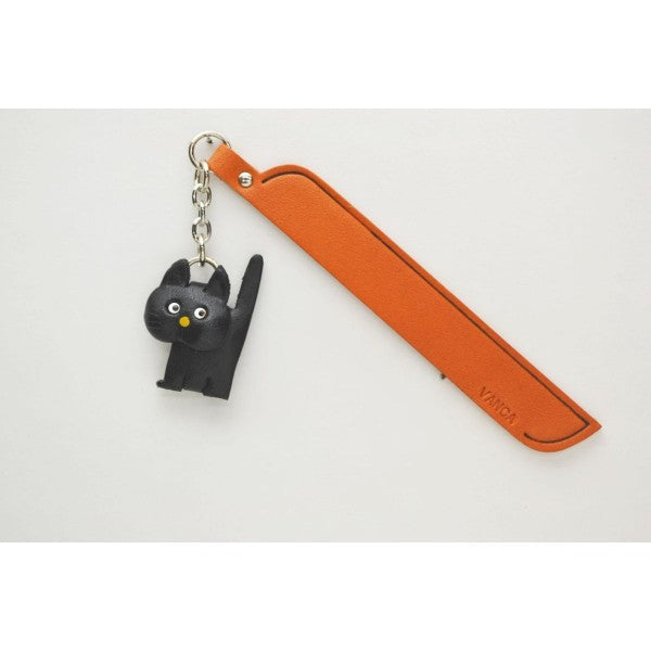 Walking Cat Black Leather Charm Bookmarker