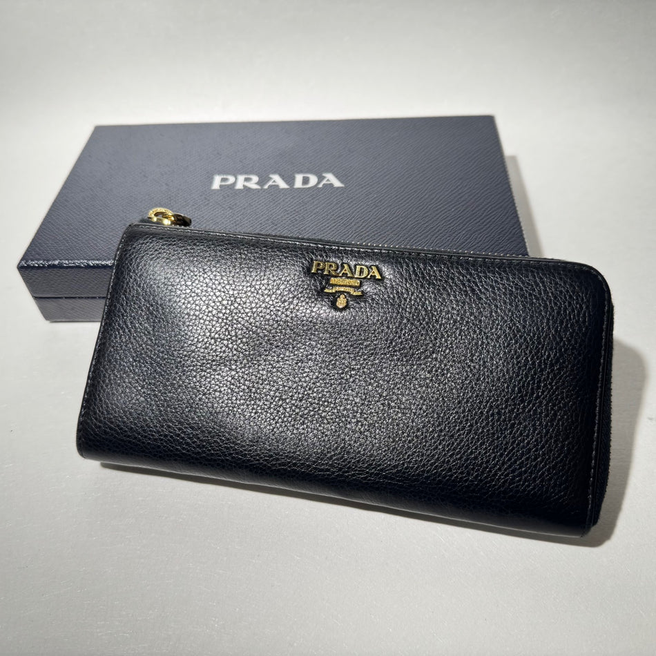 PRADA Leather L-Zip Long Wallet Black for Women Made in Italy with Box