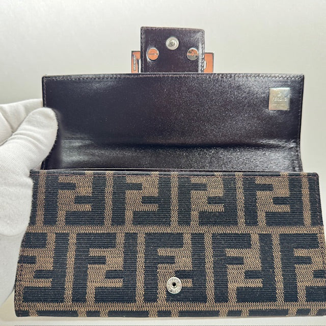 Authentic FENDI Zucca FF Logo Long Wallet Brown Canvas Vintage AB Rank