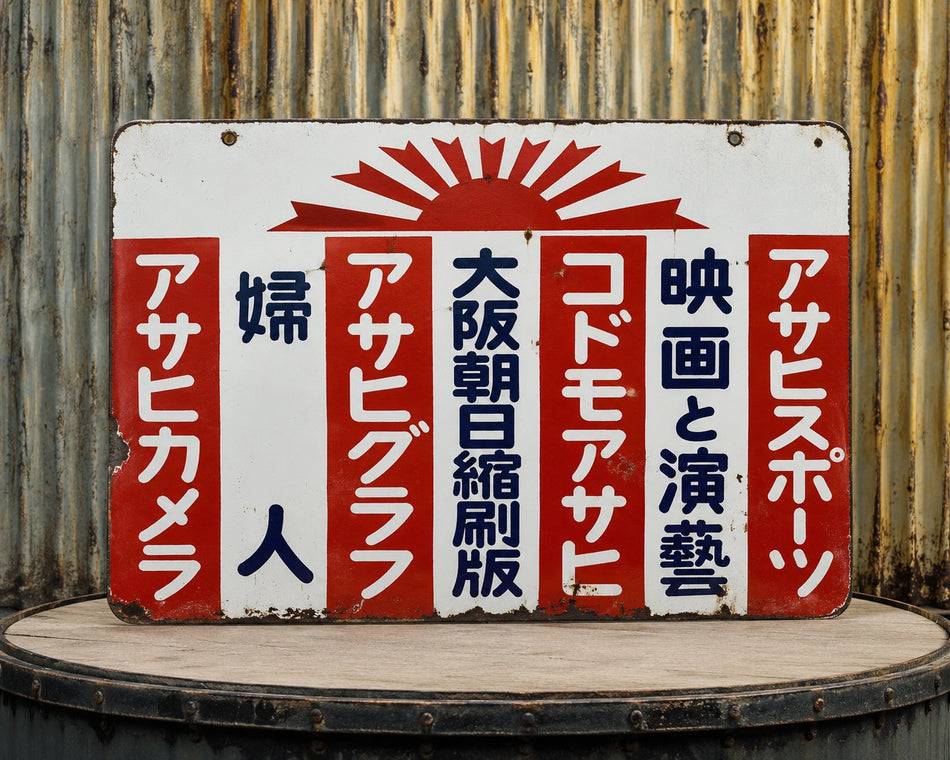 Rare Prewar Japanese Double-Sided Enamel Sign Asahi Shimbun Media Group