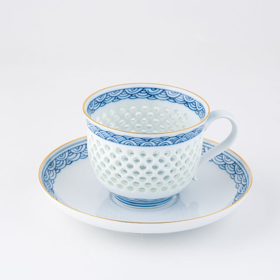 Arita-yaki ware porcelain pottery Coffee cup saucer White Blue Gold made JAPAN