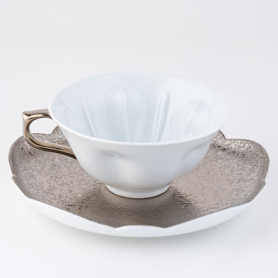 Japanese Arita Ceramic Tasei Kiln Cup and Saucer, Platinum and White Color