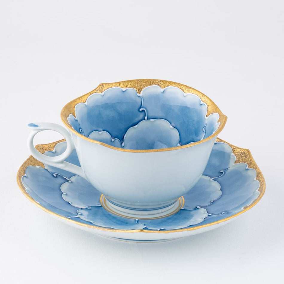 Japanese Arita Ceramic Bunzan Kiln Cup and Saucer Blue Gold Flower Design