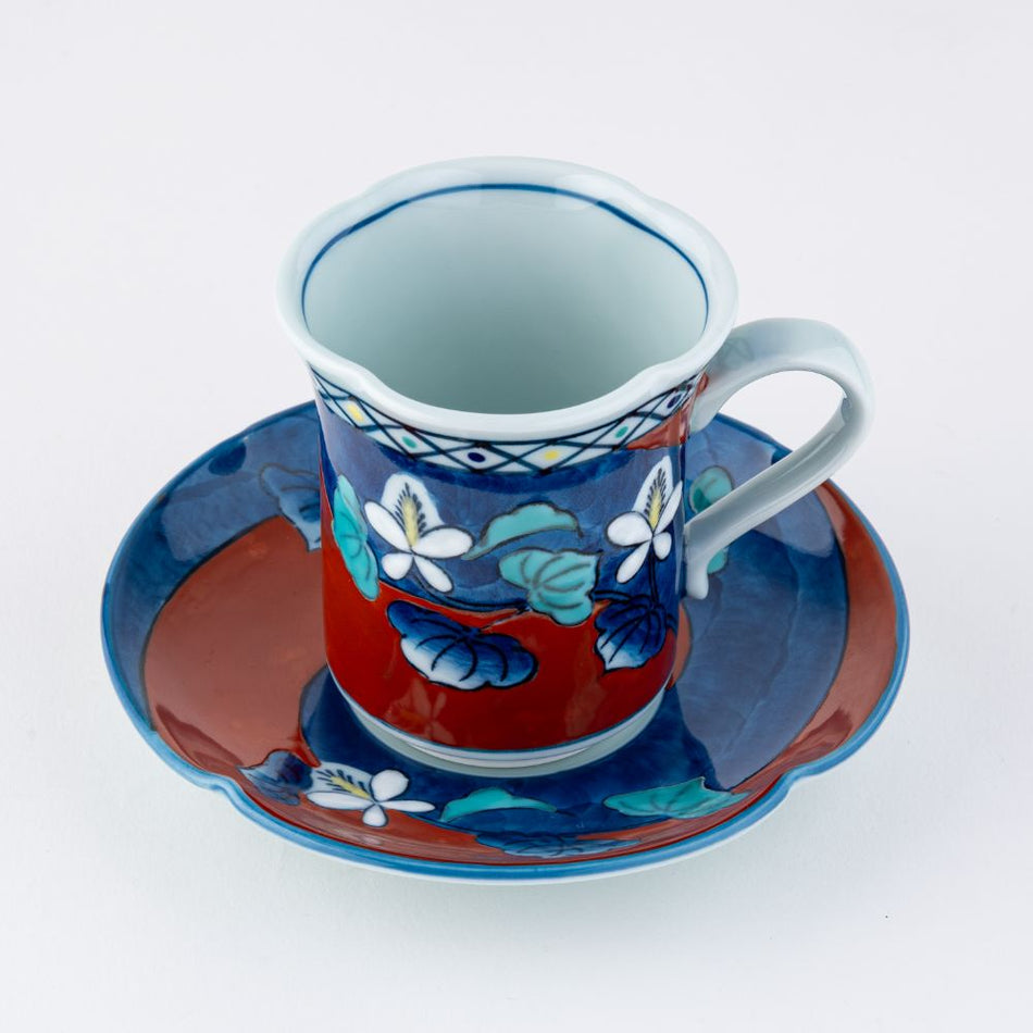 Japanese Arita Ceramic Coffee Cup and Saucer Set, White and Red Plant Patterns