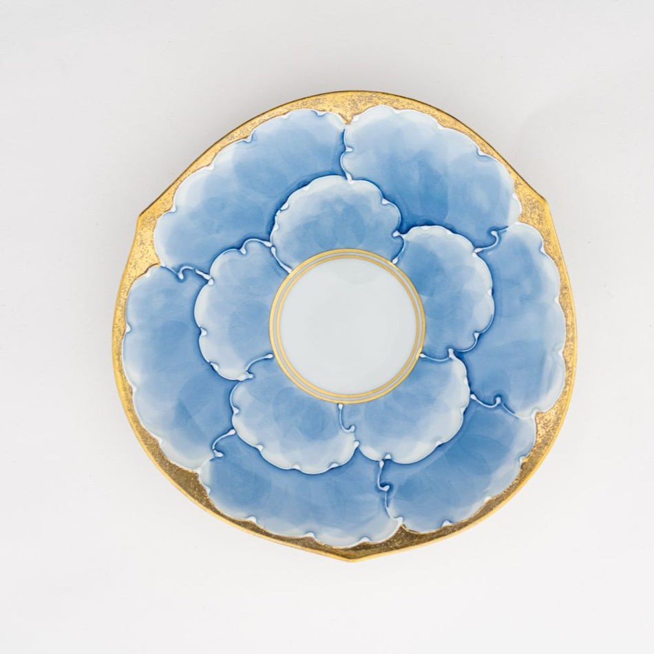 Japanese Arita Ceramic Bunzan Kiln Cup and Saucer Blue Gold Flower Design