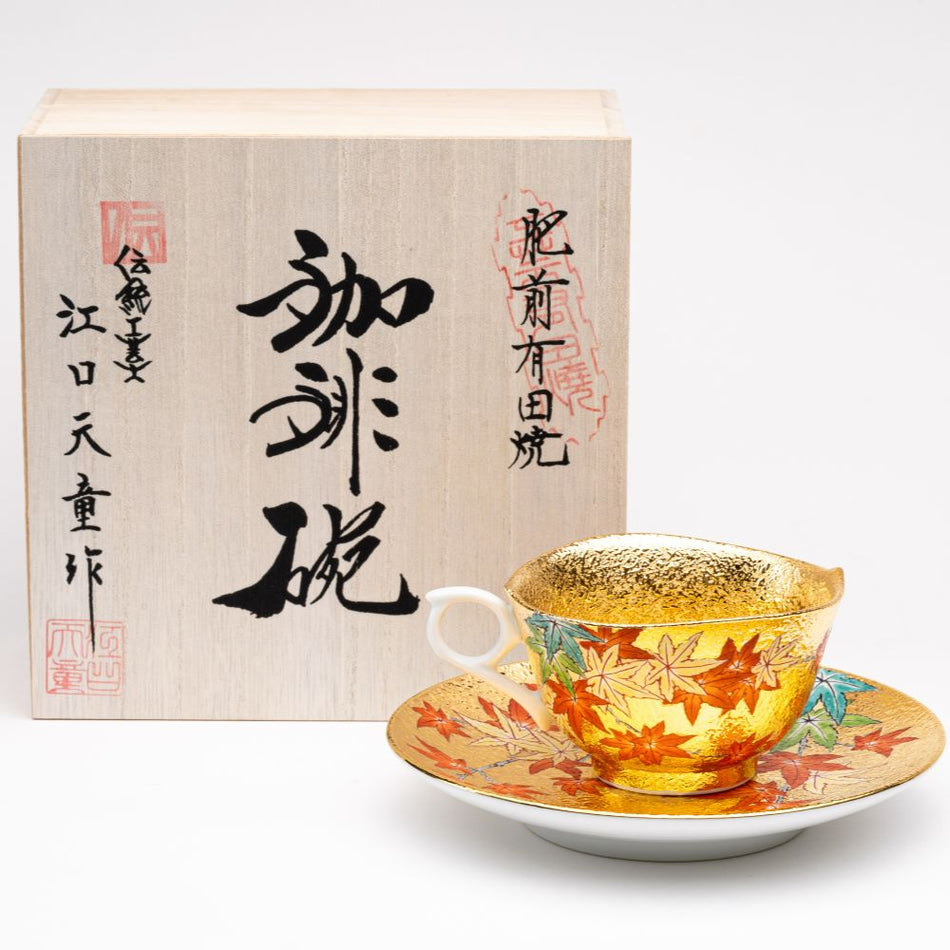 Japanese Arita-yaki Ceramic Tendou Eguchi Coffee Cup and Saucer Set, Gold Momiji