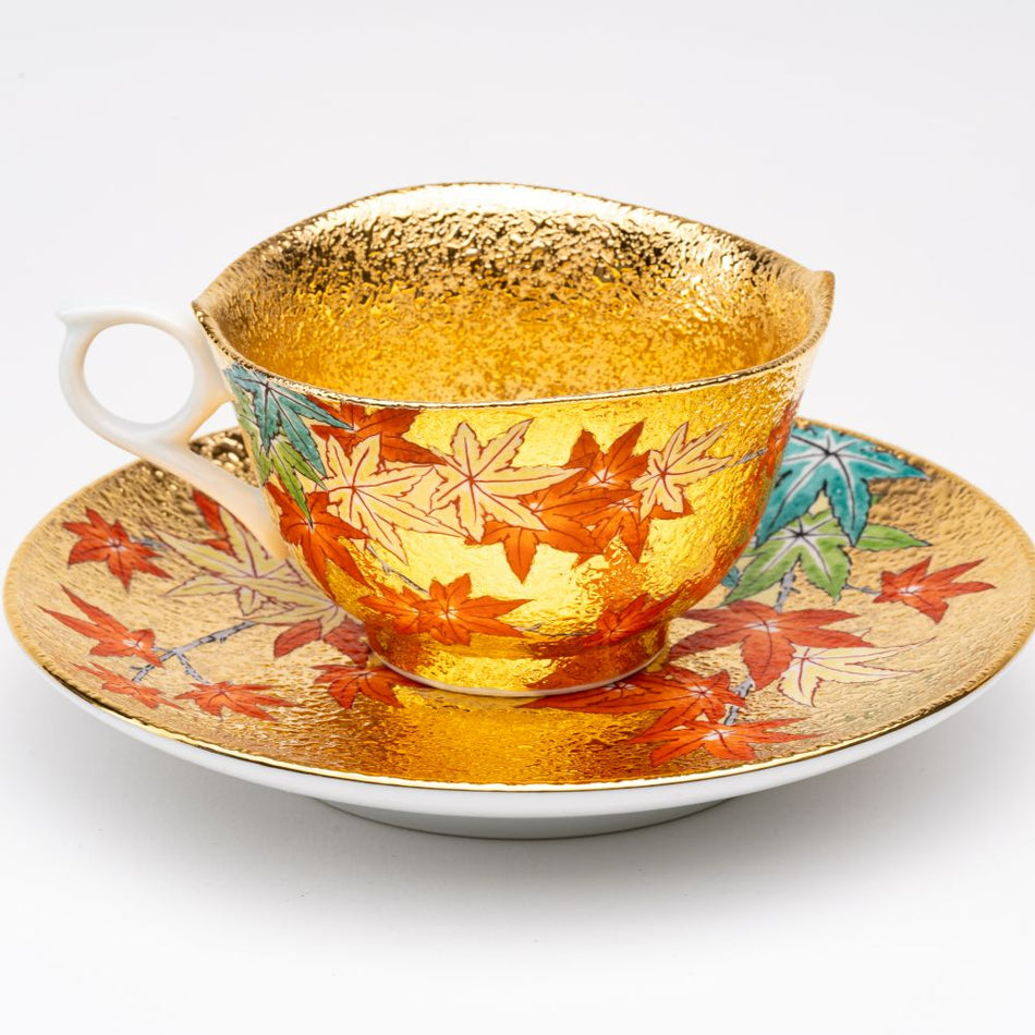 Japanese Arita-yaki Ceramic Tendou Eguchi Coffee Cup and Saucer Set, Gold Momiji