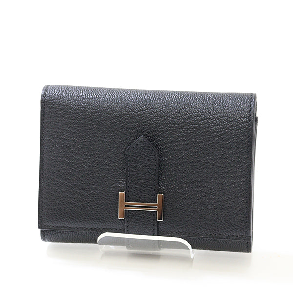 HERMES Tri-fold wallet Bean combine Purse Chevre Women Black B-engraving