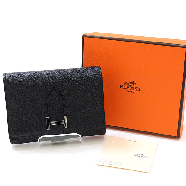 HERMES Tri-fold wallet Bean combine Purse Chevre Women Black B-engraving