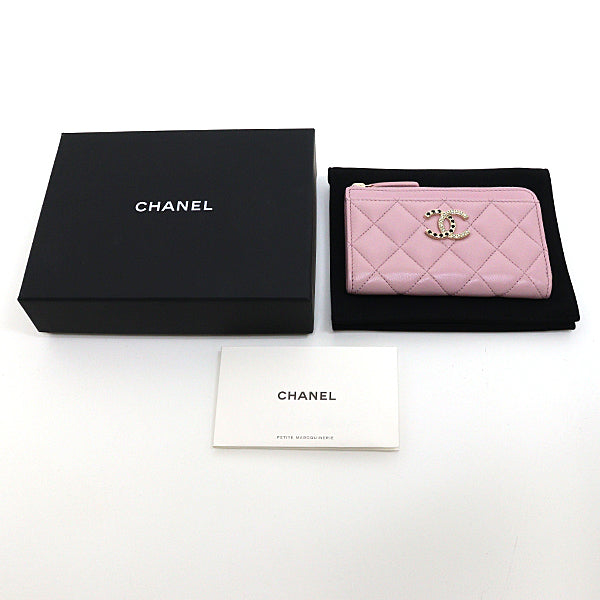 CHANEL Matrasse Zip Card Case Wallet Lambskin Women Pink/GoldHW