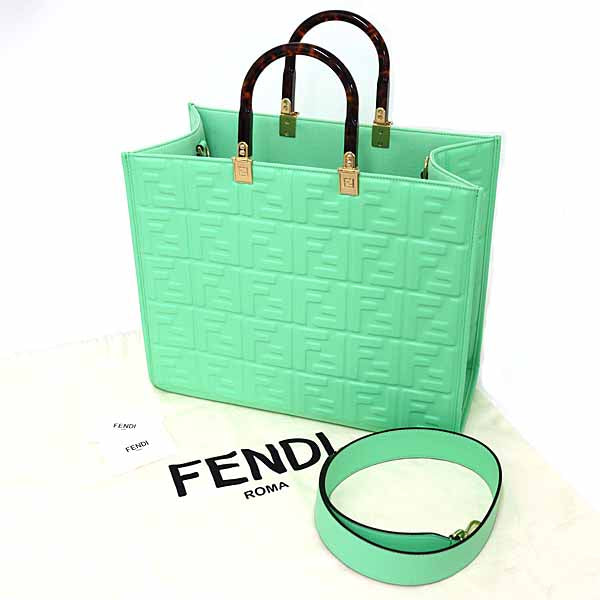 FENDI Tote Bag Sunshine Medium 8BH386 Hand Bag Smooth Leather Women Green