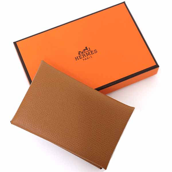 HERMES Card Case Calvi Epsom Leather Gold(Brown) 22g B