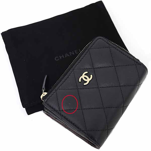 CHANEL Tri-fold wallet Compact wallet Lambskin leather Women Black 110g